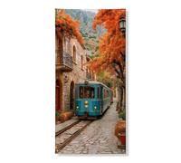 Autunno Vintage Treno Porta Copertura Banner Decorativo, Rustico Blu Tram Scenic Porta d'ingresso, Interno Esterno Autunno Festival Vacanze Forniture 91x182 Pollici