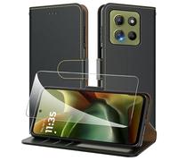 AUUYYA Custodia per Moto G15, con 1 pellicola protettiva HD in vetro temperato + 3 slot per schede, cavalletto e blocco RFID, antiurto, magnetica, custodia a libro per Moto G15, colore nero