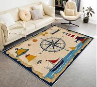 AUWUUA Tappeti vintage blu navy con bussola nautica per camera da letto 250x350cm Grazioso faro e barca a vela Tappeto antiscivolo grande tappeto per soggiorno, sala da pranzo, cameretta dei bambini