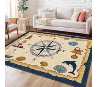 AUWUUA Tappeto con bussola nautica, 250x350 cm, blu navy, vintage, faro, conchiglia di balena, lavabile, per soggiorno, antiscivolo tappeto decorativo per camera da letto per bambini