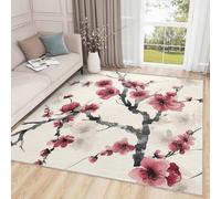 AUWUUA Tappeto con fiori di ciliegio per camera da letto, 120x170 cm, tappeto per soggiorno con fiori di prugna rosa acquerello giapponese, tappetino antiscivolo lavabile per cameretta dei bambini
