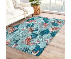 AUWUUA Tappeto giapponese 40 x 60 cm, tappeto giapponese Wave Koi Fish Area per camera da letto, soggiorno, camera dei bambini, dormitorio, ingresso, stile asiatico, grande, lavabile, antiscivolo