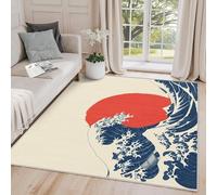 AUWUUA Tappeto giapponese per camera da letto e soggiorno, 160 x 220 cm, tappeto The Great Wave Off Kanagawa Area, Hokusai Wave Ukiyo-E, lavabile, antiscivolo, Giappone, rosso, sole, oceano, onda