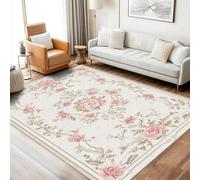 AUWUUA Tappeto lavabile con motivo a rose rosa, 120x210 cm, stile rustico shabby chic, con accenti floreali, per camera da letto e soggiorno, motivo floreale vintage, antiscivolo, per sala da pranzo