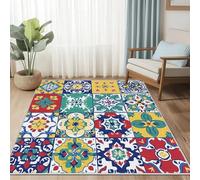 AUWUUA Tappeto Vintage Boho Patchwork Floreale 210x210cm Lavabile in Stile Messicano con Piastrelle Talavera, Antiscivolo Tappeto per Soggiorno, Camera da Letto