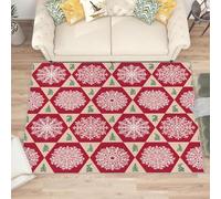 AUWUUA Zerbini natalizi 100x200cm Fiocchi di neve Albero di Natale Tappeto Soggiorno, Rosso Beige Design geometrico Patchwork Tappetino antiscivolo lavabile per camera da letto