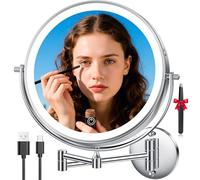 Auxmir 10" Specchio Trucco con Ingrandimento 30X/1X, Specchio da Parete a 54 LED 3 Colori di Luce, Specchio Estensibile, Rotazione a 360°, Alimentato Batterie Ricaricabile 5000mAh, per Bagno Hotel Spa