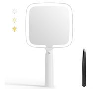 Auxmir Specchio a Mano LED, Specchio Trucco con Luci, 50 LED e 3 Colori di Luci, Luminosità Regaolabile, Controllo Tatile, Specchio Portatile con Maniglia Comoda per Salone, Parrucchiere, Barbiere