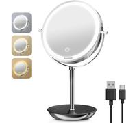 Auxmir Specchio con Luci di 3 Colori, Ingranditore 20X/1X, Luminosità Regolabile Bifacciale Rotazione a 360°con Contenitore, Ideale per Trucco, Rasatura e Cura del Viso