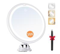 Auxmir Specchio Ingranditore 20X con Luci Specchio Trucco con Luci a 3 Colori Luminosità Regolabile Specchio da Parete 360° Girevole Specchio a Ventosa Potente per Trucco Dettagliato, Casa e Viaggio