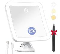Auxmir Specchio Ingranditore 20X Ricaricabile, Specchio Trucco con 3 Colori di Luce LED, Luminosità Regolabile Ventosa Potente, Specchio Cosmetico da Bagno