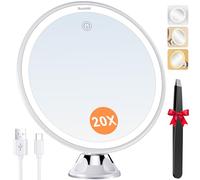 Auxmir Specchio Ingranditore 20X, Specchio Trucco a 3 Colori d’Illuminazione, Luminosità Regolabile, Specchio Cosmetico a Ventosa con Giunto Sferico Orientabile Rotazione a 360°, Ricaricabile