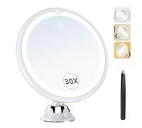 Auxmir Specchio Ingranditore 30X con Luci Specchio Trucco con Luci a 3 Colori Luminosità Regolabile Specchio da Parete 360° Girevole Specchio a Ventosa Potente per Trucco Dettagliato, Casa e Viaggio