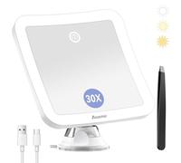 Auxmir Specchio Ingranditore 30X Ricaricabile, Specchio Trucco con 3 Colori di Luce LED, Luminosità Regolabile Ventosa Potente, Specchio Cosmetico da Bagno