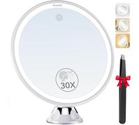 Auxmir Specchio Ingranditore 30X, Specchio Trucco a 3 Colori d’Illuminazione, Luminosità Regolabile, Specchio Cosmetico a Ventosa con Giunto Sferico Orientabile Rotazione a 360°, Ricaricabile