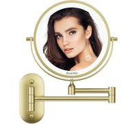 Auxmir Specchio Trucco con Ingrandimento 10X/1X, Specchio da Parete a 54 LED 3 Colori di Luce, Specchio Estensibile, Rotazione a 360°, Alimentato da Batterie Ricaricabile, per Bagno Hotel Spa, Oro