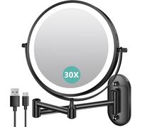 Auxmir Specchio Trucco con Ingrandimento 30X/1X, Specchio da Parete a 54 LED 3 Colori di Luce, Specchio Estensibile, Rotazione a 360°, Alimentato da Batterie Ricaricabile 3200mAh, per Bagno Hotel Spa