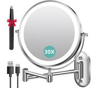 Auxmir Specchio Trucco con Ingrandimento 30X/1X, Specchio da Parete a 54 LED 3 Colori di Luce, Specchio Estensibile, Rotazione a 360°, Alimentato da Batterie Ricaricabile 3200mAh, per Bagno Hotel Spa