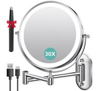 Auxmir Specchio Trucco con Ingrandimento 30X/1X, Specchio da Parete a 54 LED 3 Colori di Luce, Specchio Estensibile, Rotazione a 360°, Alimentato da Batterie Ricaricabile 3200mAh, per Bagno Hotel Spa