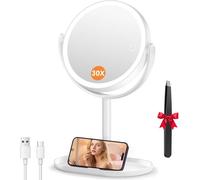 Auxmir Specchio Trucco con Luci 30X/1X Bifacciale, Specchio Ingranditore 8", Specchio da Tavolo Ricaricabile 2000mAh, 3 Colori di Luci 64 LED Rotazione a 360° Smontabile per Camera da Letto, Viaggio