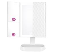 Auxmir Specchio Trucco con Luci 60 LED, Specchio Ingranditore Pieghevole 7X/5X/1X, Luminosità Regolabile, 3 Colori, Interruttore a Tocco, Rotazione 90°, Ideale per Trucco, Rasatura e Lenti Contatto