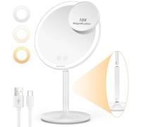 Auxmir Specchio Trucco con Luci a 3 Colori, Specchio da Tavolo, Specchio Cosmetico con Specchietto Ingranditore 10X, Luminosità Regolabile, Ricaricabile, Batteria al Litio, per Bagno e Viaggio