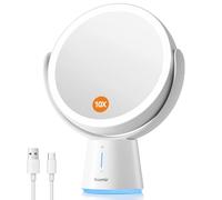 Auxmir Specchio Trucco con Luci LED, Specchio Ingranditore 10X/1X a Doppia Faccia, Luminosità Regolabile a 5 Livelli, Rotazione a 360°, Specchio da Tavolo Ideale per Trucco, Rasatura, Cura del Viso