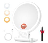 Auxmir Specchio Trucco con Luci LED, Specchio Ingranditore 20X/1X a Doppio Lato, Luminosità Regolabile a 3 Colori, Specchio da Tavolo Pieghevole con Foro per Appendere, Ricaricabile e Portatile