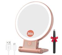 Auxmir Specchio Trucco con Luci LED, Specchio Ingranditore 30X/1X a Doppio Lato, Luminosità Regolabile a 3 Colori, Specchio da Tavolo Pieghevole con Foro per Appendere, Ricaricabile e Portatile