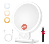 Auxmir Specchio Trucco con Luci LED, Specchio Ingranditore 30X/1X a Doppio Lato, Luminosità Regolabile a 3 Colori, Specchio da Tavolo Pieghevole con Foro per Appendere, Ricaricabile e Portatile