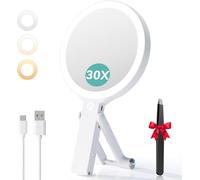 Auxmir Specchio Trucco con Luci LED, Specchio Ingranditore Bifacciale 30X/1X, 3 Colori Regolabile, Specchio da Tavolo Pieghevole, Compatto a Mano e per Appendere, Ricaricabile e Portatile da Viaggio