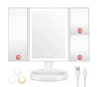 Auxmir Specchio Trucco con Luci Ricaricabile 2000mAh, Specchio Ingranditore 10X/5X/1X, Luminosità Regolabile, 3 Colori di Luce a 68pz LED, Ideale Regalo per Casa e Viaggio