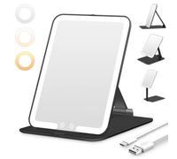 Auxmir Specchio Trucco con Luci Ricaricabile, 3 modalità di Luci Luminosità Regolabile, Specchio Trucco Pieghevole Portatile con Interruttori Sfioramento Funzione Memoria, Compatto per Viaggio e Casa