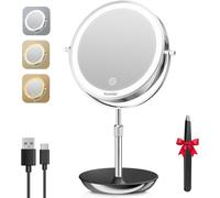 Auxmir Specchio Trucco con Luci Ricaricabile, Specchio Ingranditore 30X/1X Altezza Regolabile da 38-47cm, 3 Colori di Luci Luminosità Regolabile Girevole a 360°Specchio da Tavolo con Contenitore