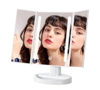 Auxmir Specchio Trucco con Luci Ricaricabile, Specchio Trifold da Tavolo con Luminosità Regolabile a Touch Screen, 3 Modalità 180° Girevole Ideale Trucco, la Cura del Viso, Rasatura
