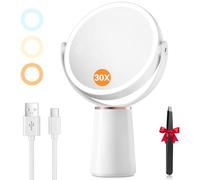 Auxmir Specchio Trucco con Luci, Specchio Ingranditore 30X/1X a Doppia Faccia, Luminosità Regolabile Rotazione a 360° Ideale per Casa, Bagno, 2000mAh Batteria Ricaricabile