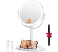 Auxmir Specchio Trucco con Luci, Specchio Ingranditore 30x/1x Bifacciale, Specchio da Tavolo 8", 2000mAh Ricaricabile con 3 Colori 64 LED, Rotazione a 360° e Smontabile, per Camera da Letto, Viaggio