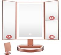 Auxmir Specchio Trucco Ricaricabile con Luci 68 LED, Specchio Ingranditore 1X/5X/10X, Specchio da Tavolo Triplo, 3 Colori di Luce Regolabile 180° Girevole Ideale per Trucco, Rasatura, Oro Rosa