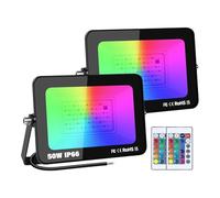 AUXTINGS 2 pezzi 50W Faretto LED RGB, proiettore LED esterni con telecomando Floodlight IP66 impermeabile, luci decorative per Halloween festa di compleanno fai da te illuminazione modalità strobo