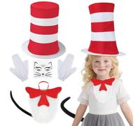AUYAO 6PZ Set per Costume del Famoso Gatto Che Indossa Un Cappello, Costume da Gatti con Accessori, Kit Bambini Gatto in Cappello a Strisce Rosse e Bianche per Carnevale Halloween Cosplay