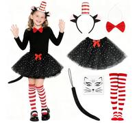 AUYAO 6PZ Set per Costume del Famoso Gatto Che Indossa Un Cappello, Costume da Gatti con Gonna, Kit Bambini Gatto in Cappello a Strisce Rosse e Bianche per Carnevale Halloween Cosplay