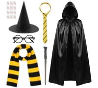 AUYAO Costume di Wizard, Set di 18 Costumi da Mago con Mantello Occhiali Sciarpa Cravatta Bacchetta Magica Cappello 12 Adesivi, Kit Cosplay Mago Magico per Bambini Adulto, per Halloween Carnevale
