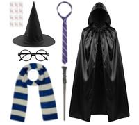 AUYAO Costume di Wizard, Set di 18 Costumi da Mago con Mantello Occhiali Sciarpa Cravatta Bacchetta Magica Cappello 12 Adesivi, Kit Cosplay Mago Magico per Bambini Adulto, per Halloween Carnevale