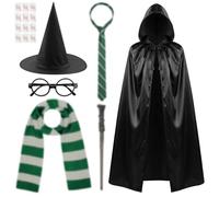 AUYAO Costume di Wizard, Set di 18 Costumi da Mago con Mantello Occhiali Sciarpa Cravatta Bacchetta Magica Cappello 12 Adesivi, Kit Cosplay Mago Magico per Bambini Adulto, per Halloween Carnevale