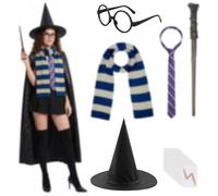 AUYAO Costume di Wizard, Set di 18 Costumi da Mago con Mantello Occhiali Sciarpa Cravatta Bacchetta Magica Cappello 12 Adesivi, Kit Cosplay Mago Magico per Bambini Adulto, per Halloween Carnevale