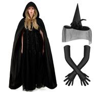 AUYAO Halloween Set di Mantelli, Mantello con Cappuccio Mantello da Vampiro per Adulti, 3 Pezzi Unisex Lungo Mantello con Cappelli e Guanti, per Halloween Festa Carnevale Masquerade, 150CM