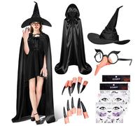 AUYAO Halloween Set di Mantelli, Mantello con Cappuccio Mantello da Vampiro per Adulti, 8 Pezzi Unisex Lungo Mantello con Cappello, Naso Finto, Chiodo e Adesivi, per Festa Carnevale Masquerade, 150CM