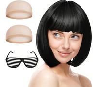 AUYAO Parrucca Caschetto, Colorate Parrucca Set con 2 Cappuccio, Parrucche a Spalla di Bob Cosplay Parrucche per Spettacolo Teatrale, Carnevale, Halloween, Festa (Nero - 4 Pezzi)