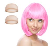 AUYAO Parrucca corta a caschetto da donna, confezione da 3 parrucche corte a caschetto rosa con 2 calotte per parrucca, accessorio per travestimento cosplay con frangia, sintetica, dritta, per tutti i