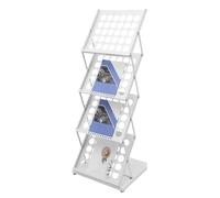 AUYART Espositore pieghevole A3 argentato, espositore per opuscoli in ferro pieghevole, porta opuscoli su piedistallo 4 per riviste giornali fiere esposizioni 48 x 39 x 125 cm